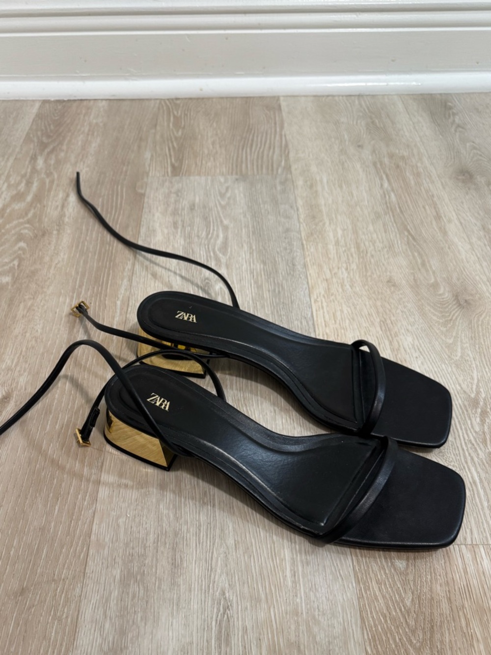 Zara Black Strappy Square-Toe Heel with Gold Accent